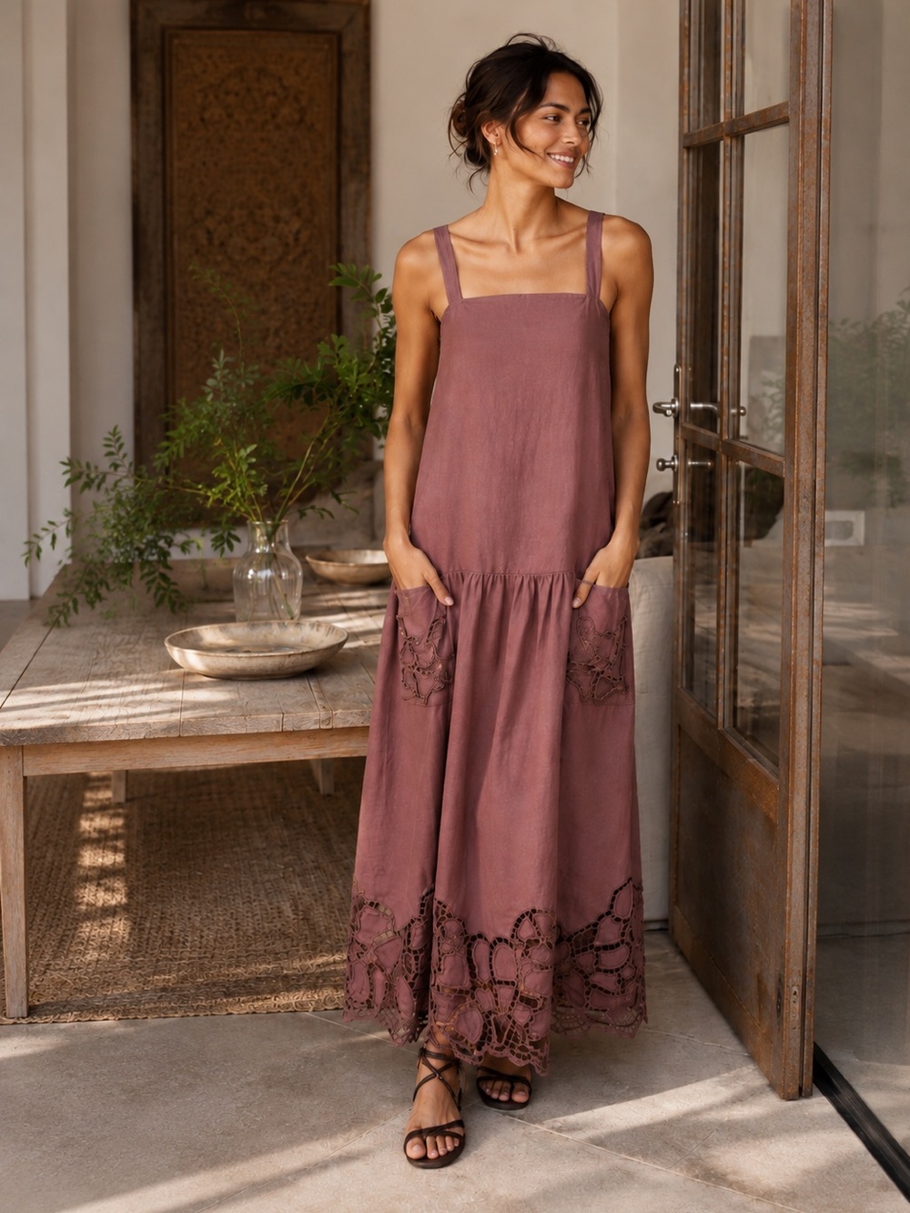NWT Banana Republic Embroidered Linen Drop-Waist Maxi Dress Dusty Rose Sz S